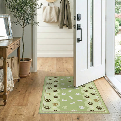 Green Paw Print Bone Kids Area Rug