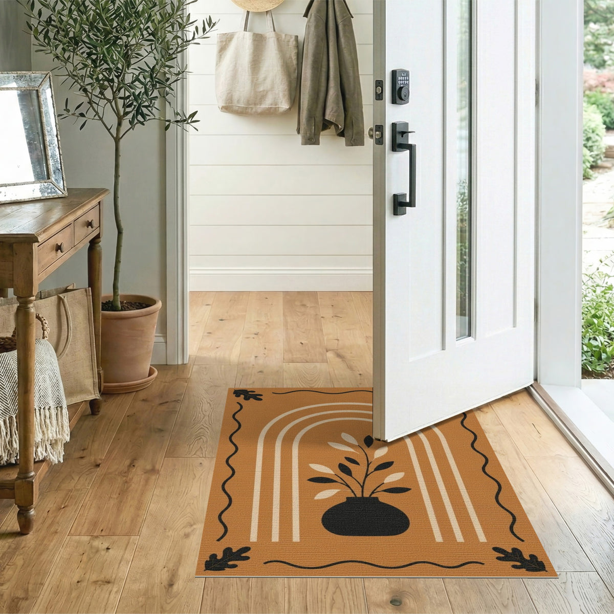Orange Boho Vase Leaf Area Rug