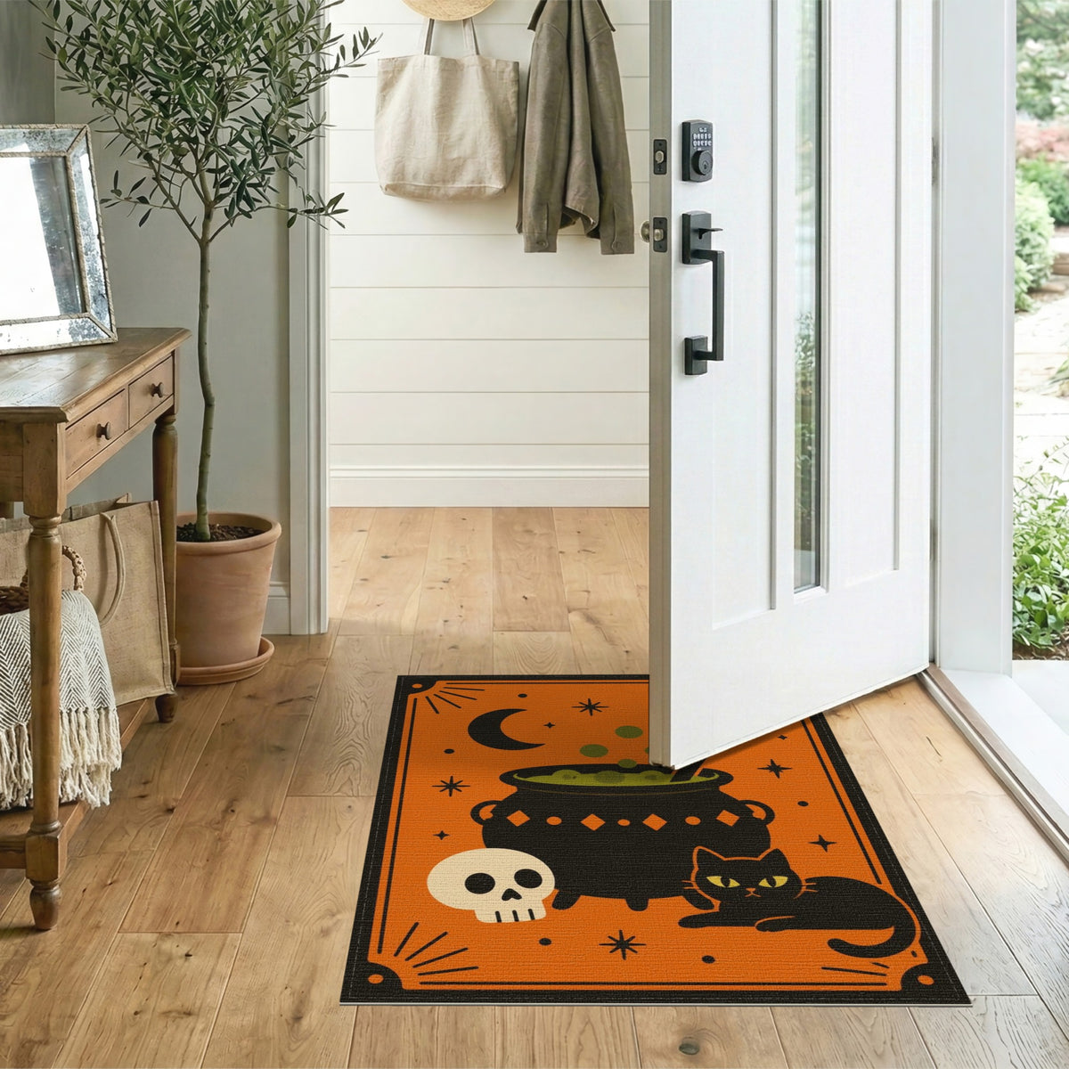 Halloween Cauldron Black Cat Orange Area Rug