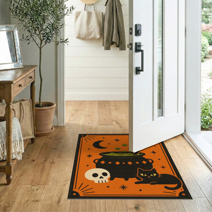 Halloween Cauldron Black Cat Orange Area Rug