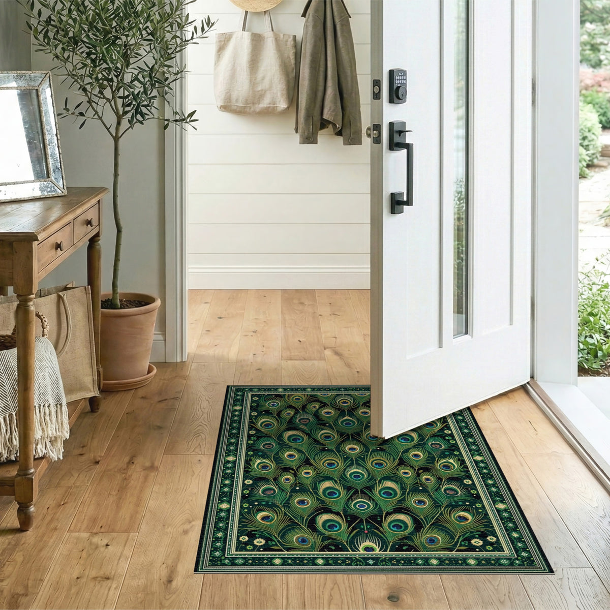 Green Emerald Peacock Feather Area Rug