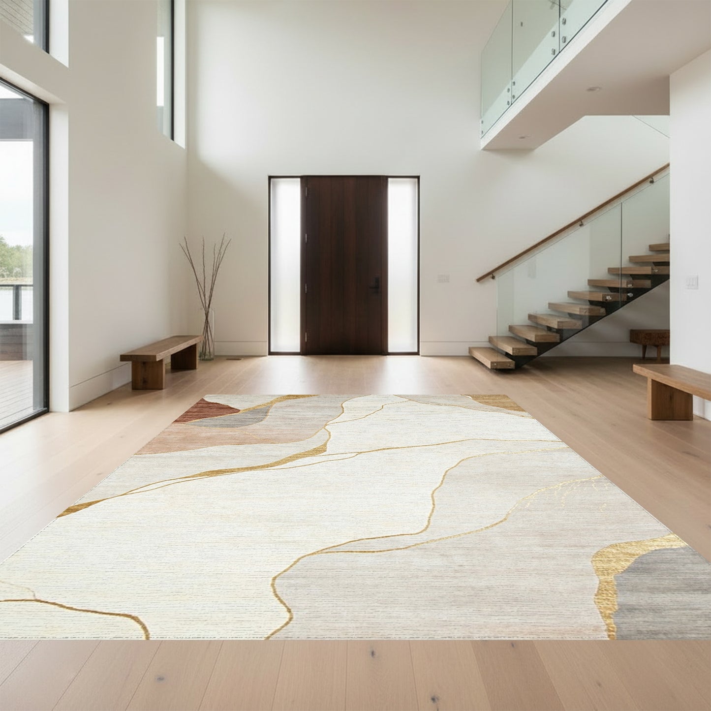 Neutral Gold Fluid Abstract Rug