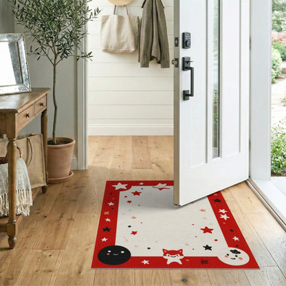 Red Cartoon Fox Stars Kids Area Rug