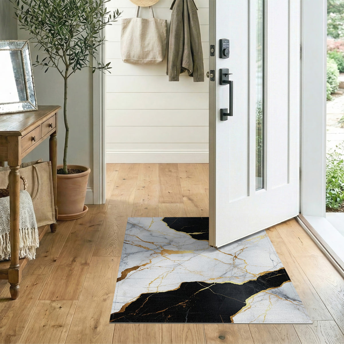 Abstract Area Black White Marble Gold Area Rug