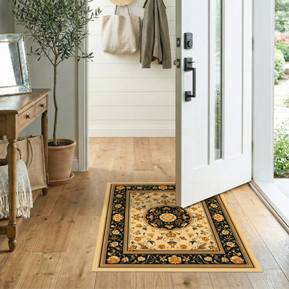 Black and Gold Persian Floral Medallion Rug