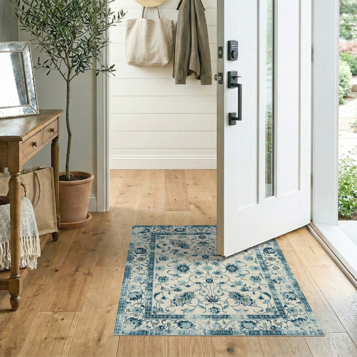 Distressed Blue Floral Vintage Area Rug