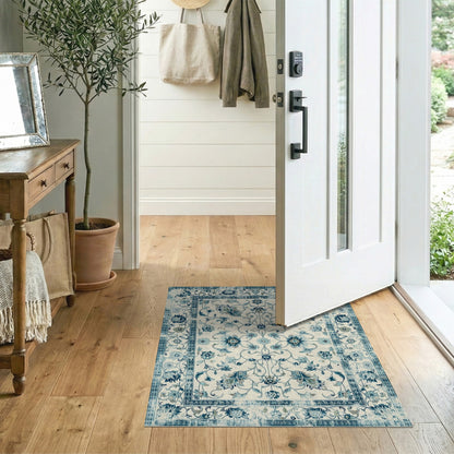 Distressed Blue Floral Vintage Area Rug