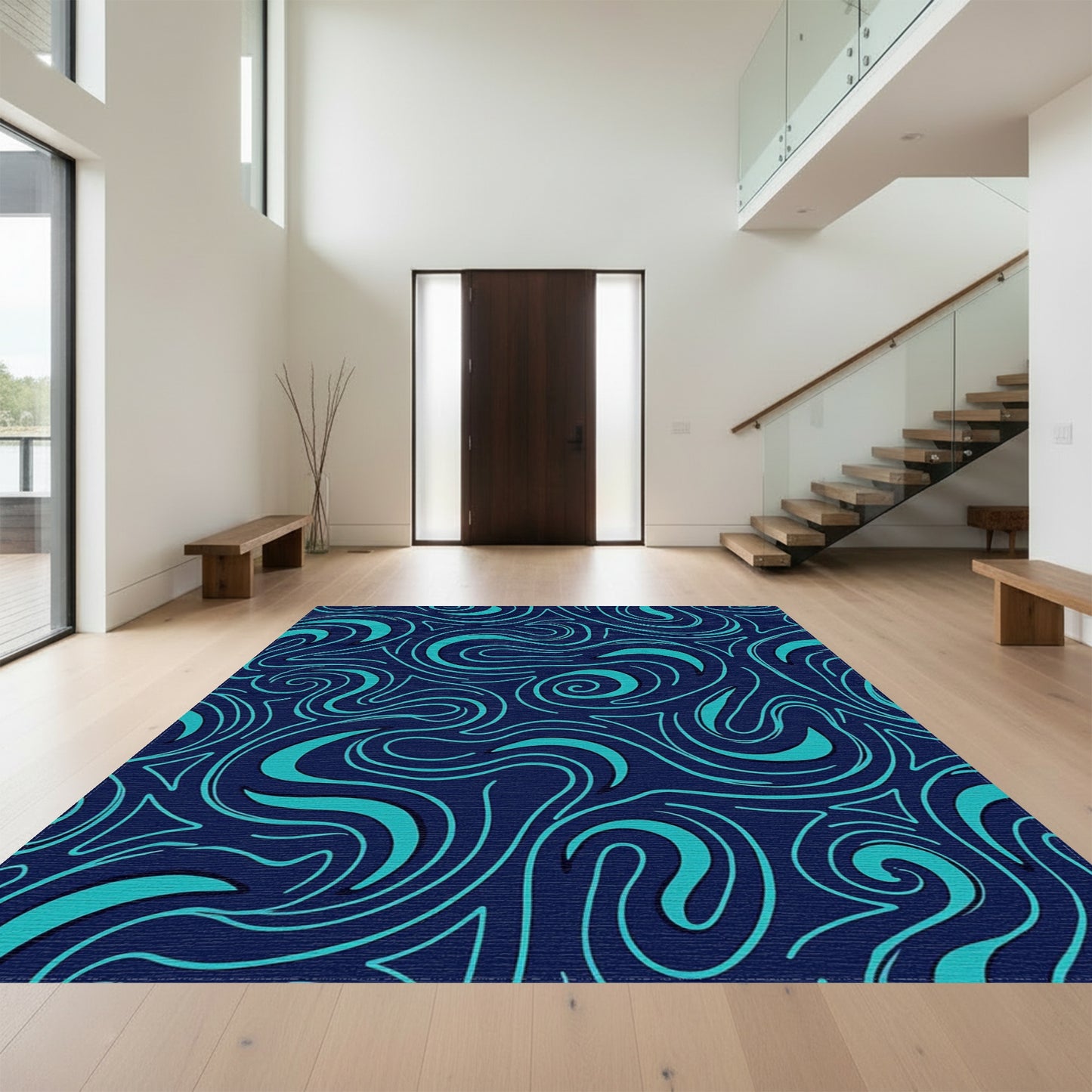 Teal Swirling Waves Navy Rug