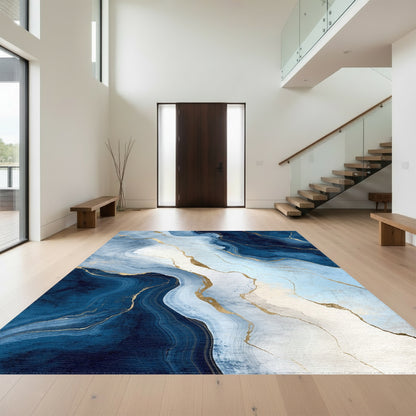 Navy Blue Gold Veined Marble Rug