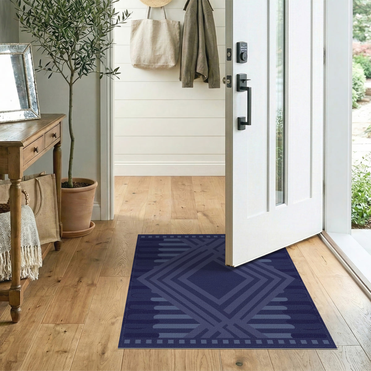 Navy Blue and Teal Navy Blue Geometric Diamond Area Rug