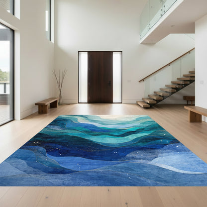 Teal Blue Layered Waves Rug