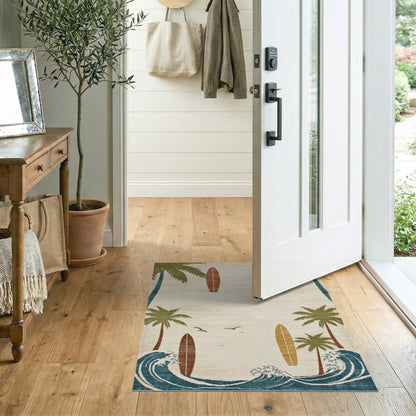 Coastal Beach Palm Tree Surfboard Beige Area Rug