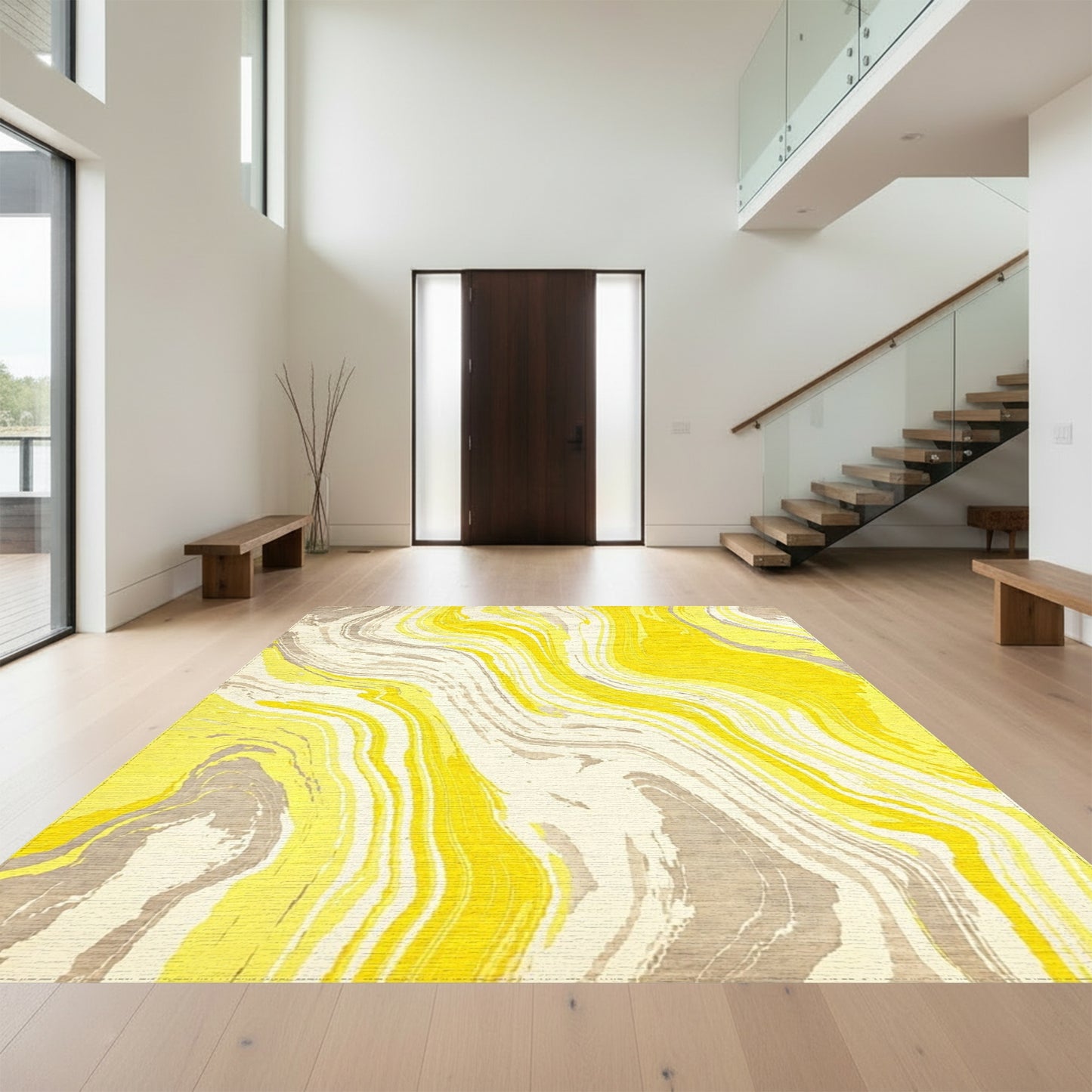 Mustard Yellow Gray Wave Rug