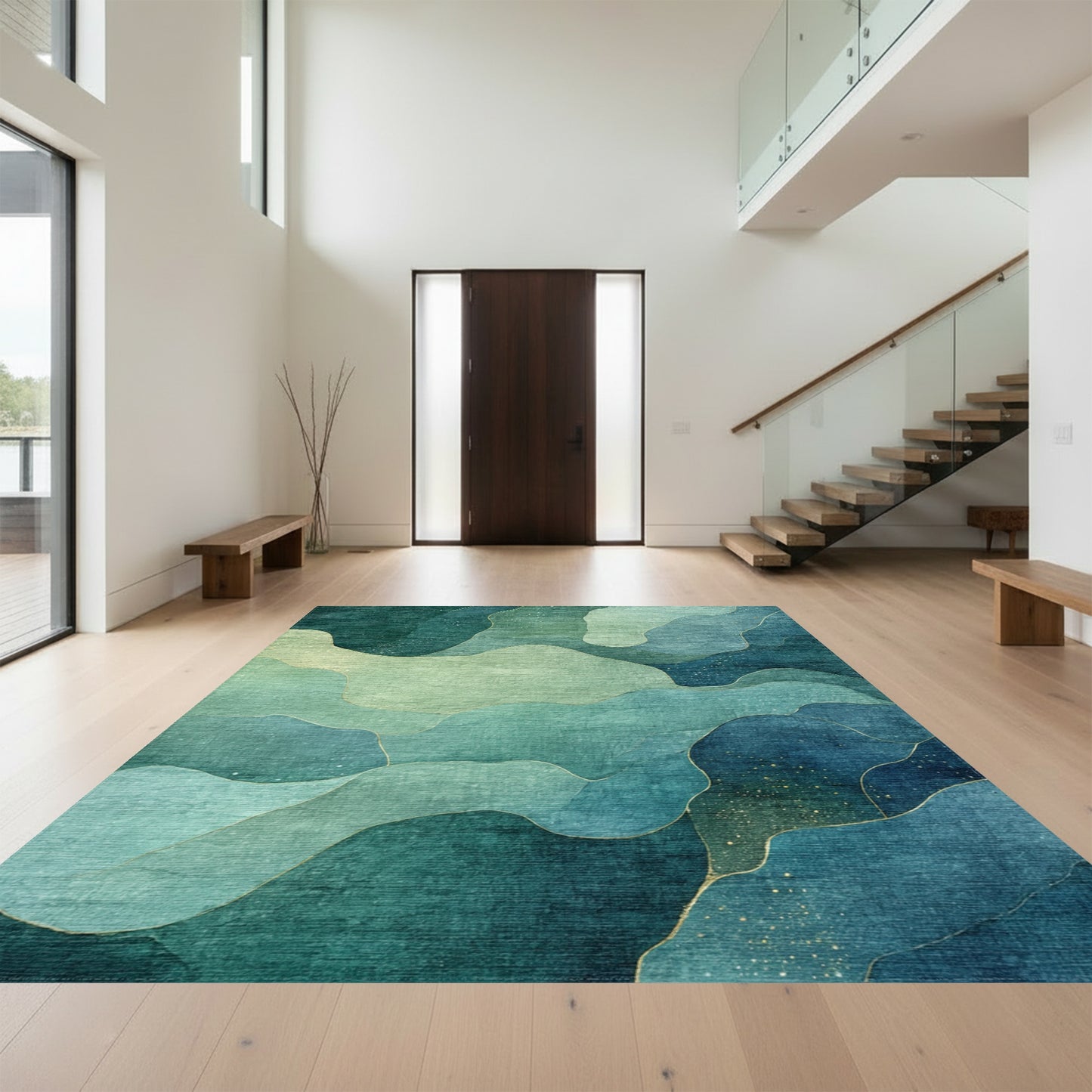 Teal Fluid Wave Abstract Rug
