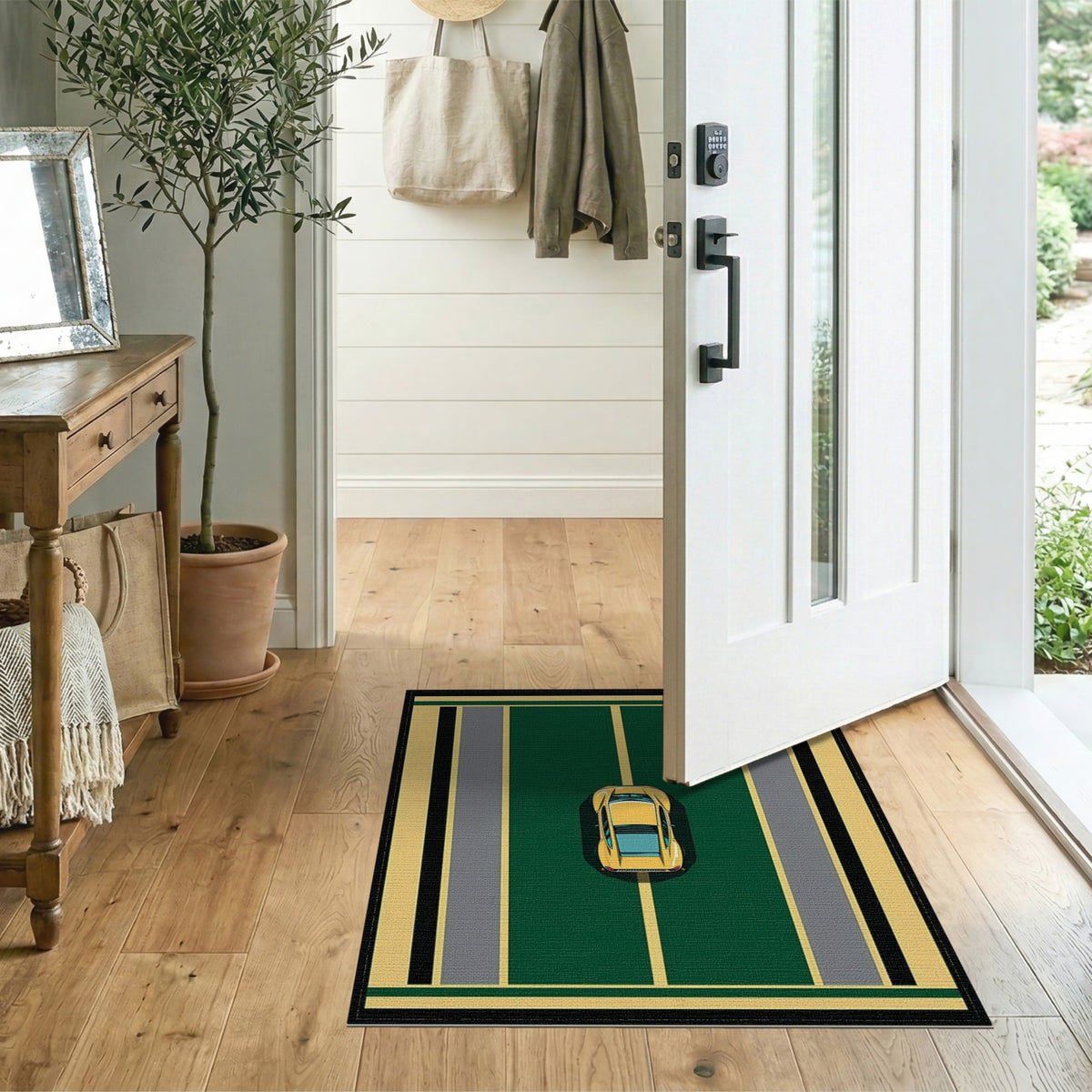 Yellow Car Green Geometric Area Rug