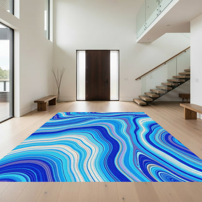 Blue Fluid Marble Swirl Rug