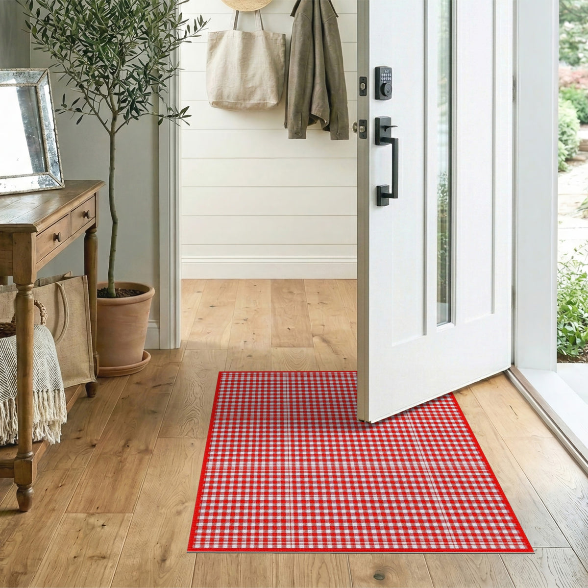 Rustic Farmhouse Red Gingham Checkered Washable Area Rug