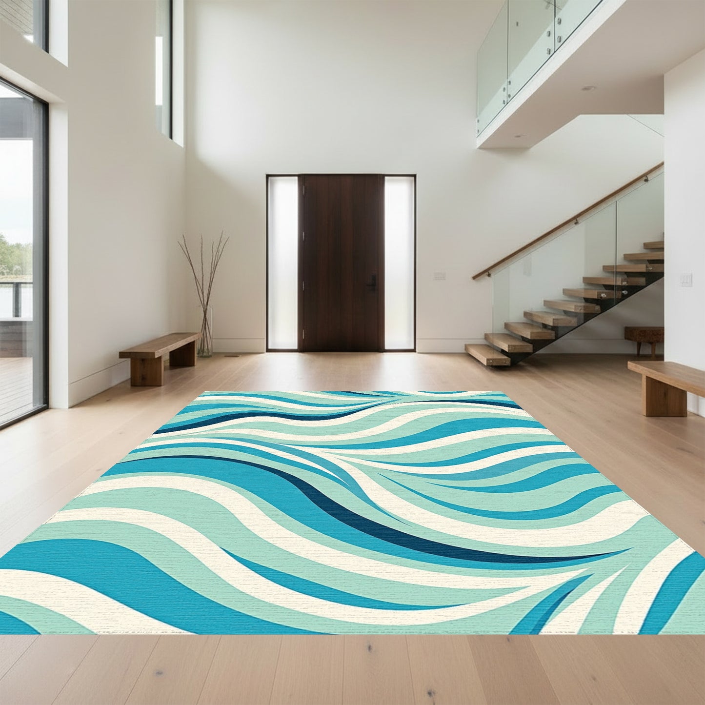 Teal Navy Abstract Wave Rug