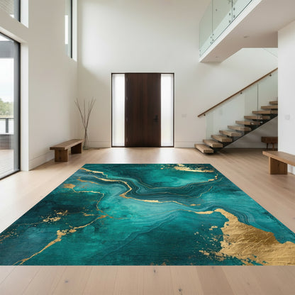 Teal Gold Marble Swirl Rug