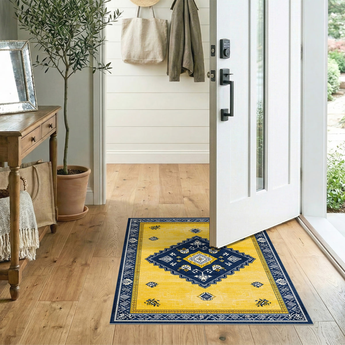 Yellow Navy Geometric Diamond Area Rug