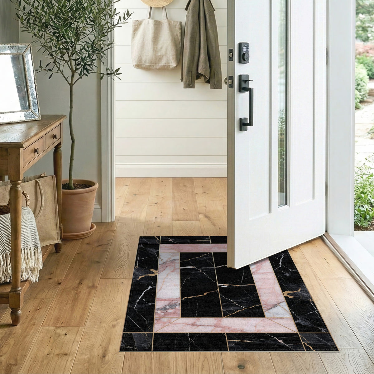 Pink Marble Geometric Frame Area Rug