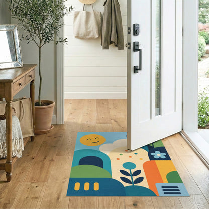 Smiling Sun Blue Teal Kids Cartoon Washable Area Rug
