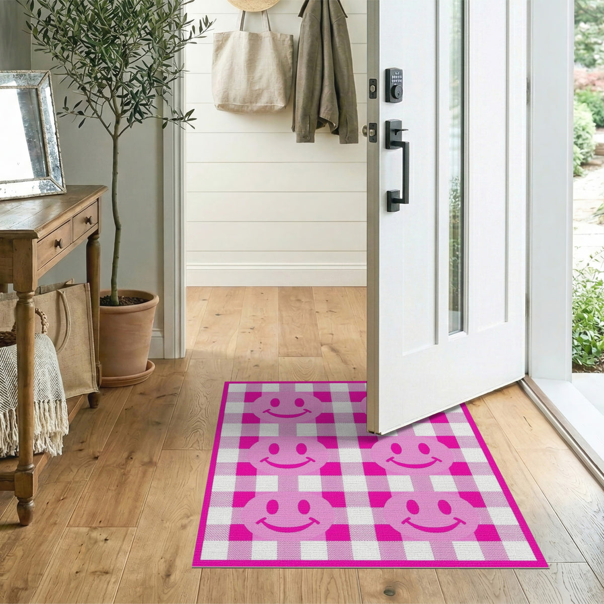 Pink Smiley Face Gingham Washable Area Rug