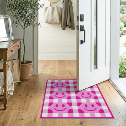 Pink Smiley Face Gingham Washable Area Rug