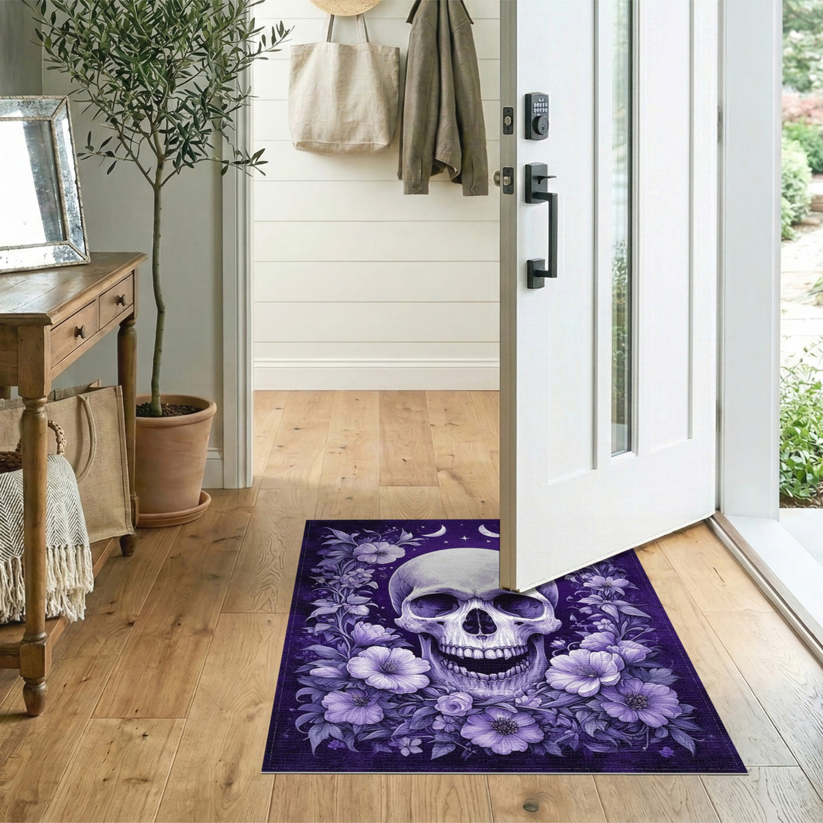 Floral Vintage Purple Floral Skull Area Rug