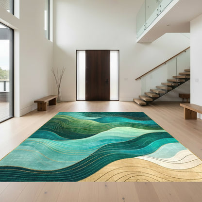 Emerald Teal Wavy Gold Rug