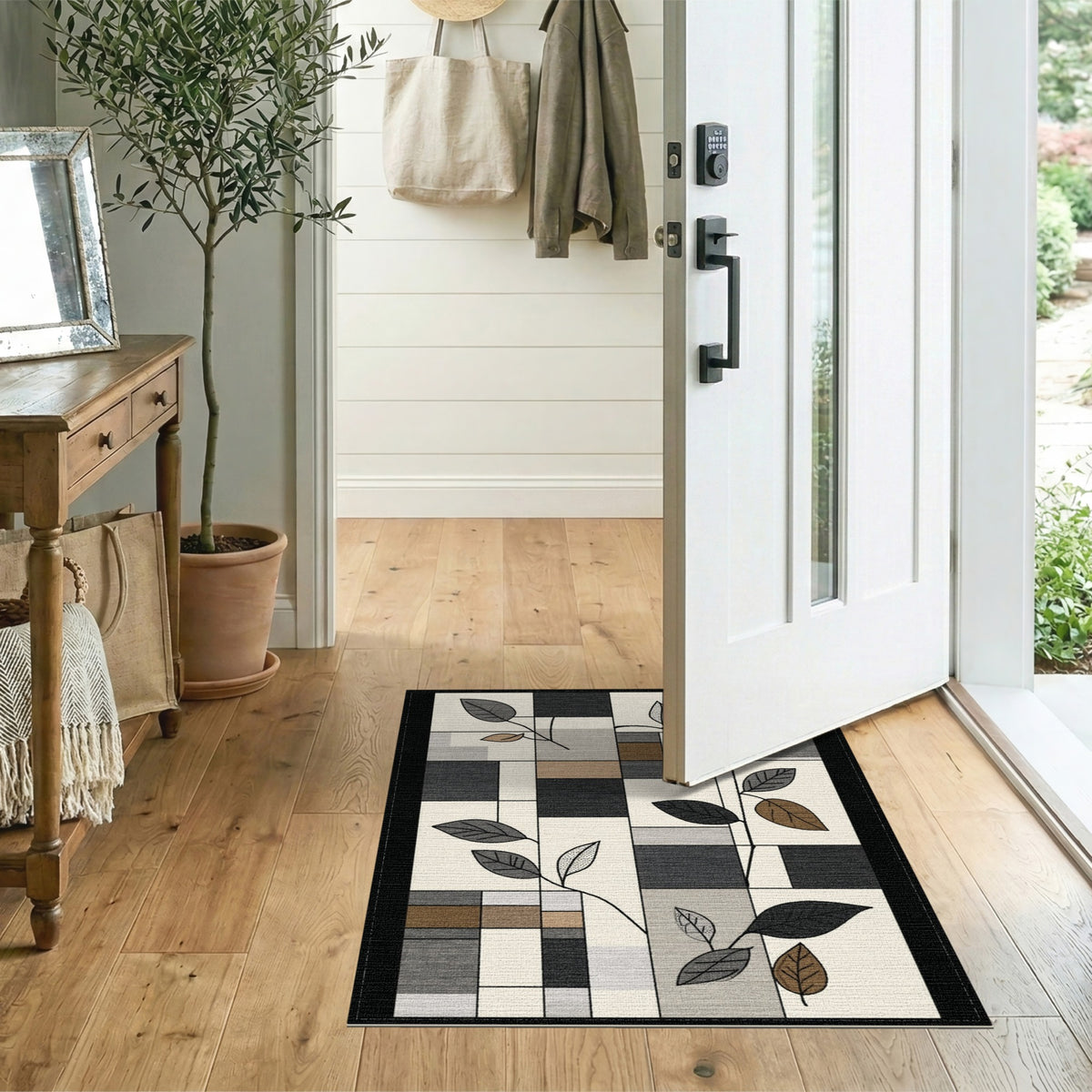 Grey Geometric Leaf Area Rug