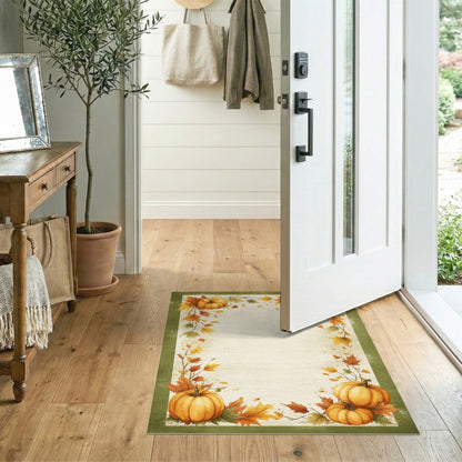 Brown and Tan Autumn Pumpkin Harvest Border Area Rug