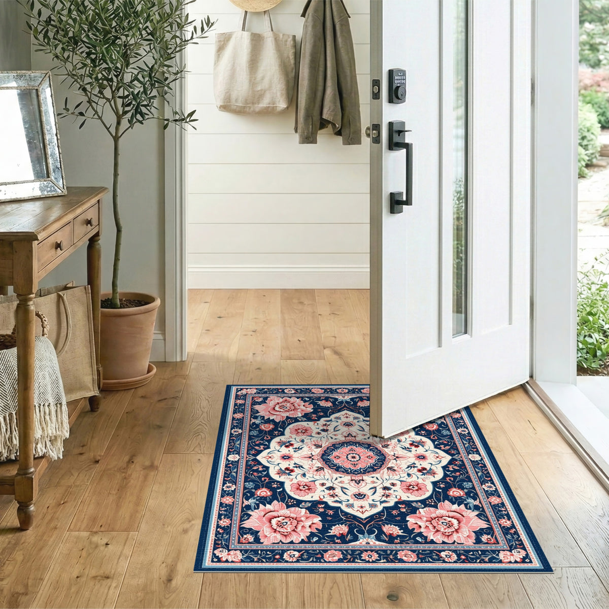 Navy Blue Pink Floral Medallion Area Rug