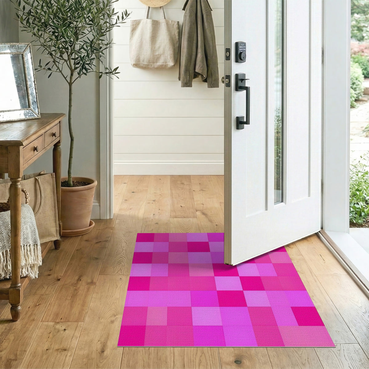 Pink Vibrant Pink Checkered Geometric Area Rug