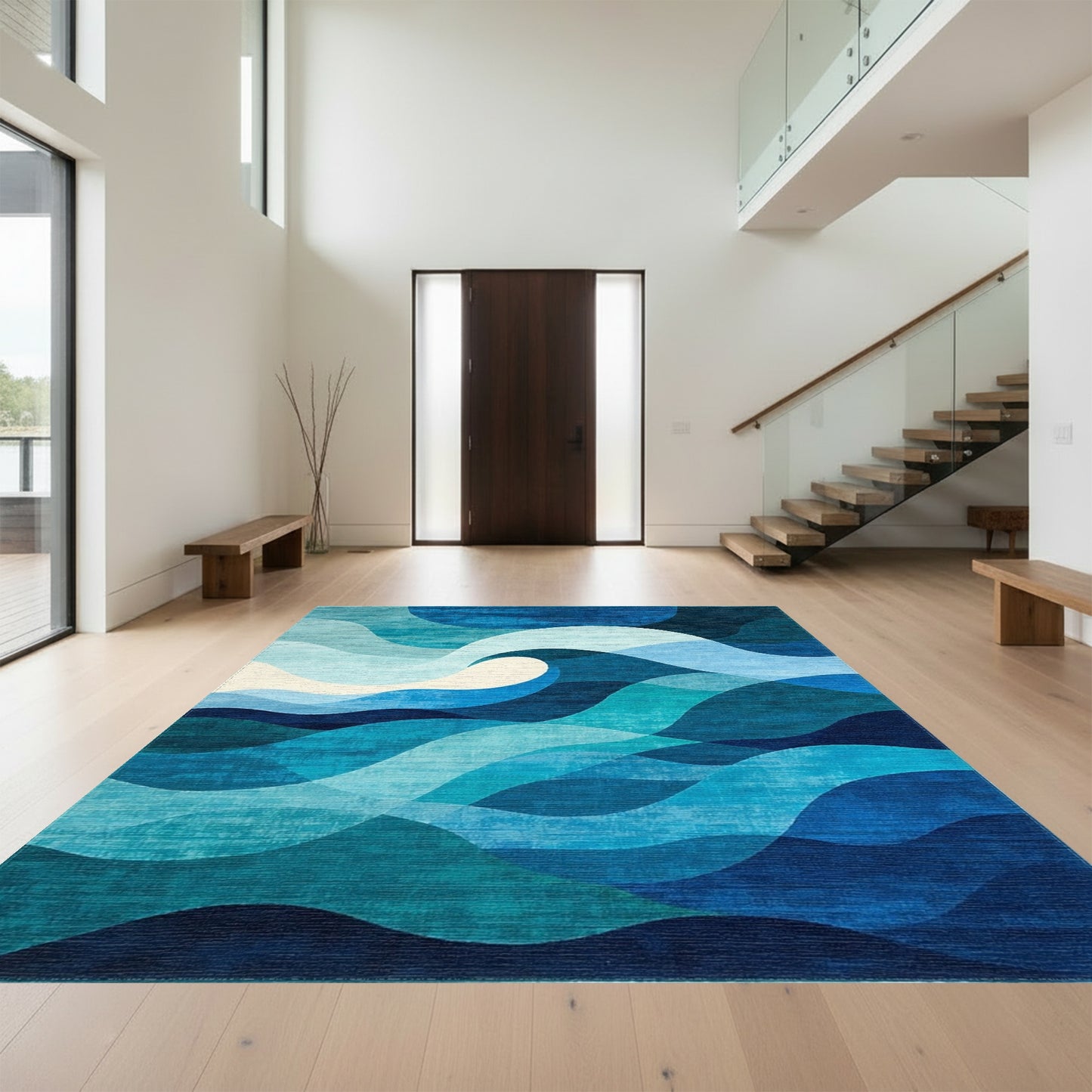 Teal Blue Layered Waves Rug