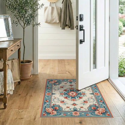 Blue Teal Floral Vintage Medallion Rug