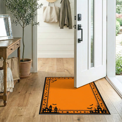 Orange Halloween Area Rug with Bats and Haunted Houses