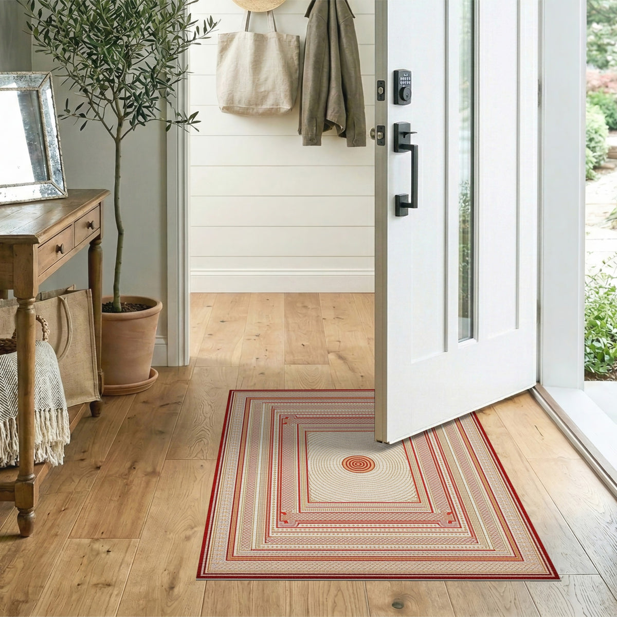 Red Geometric Concentric Circle Area Rug
