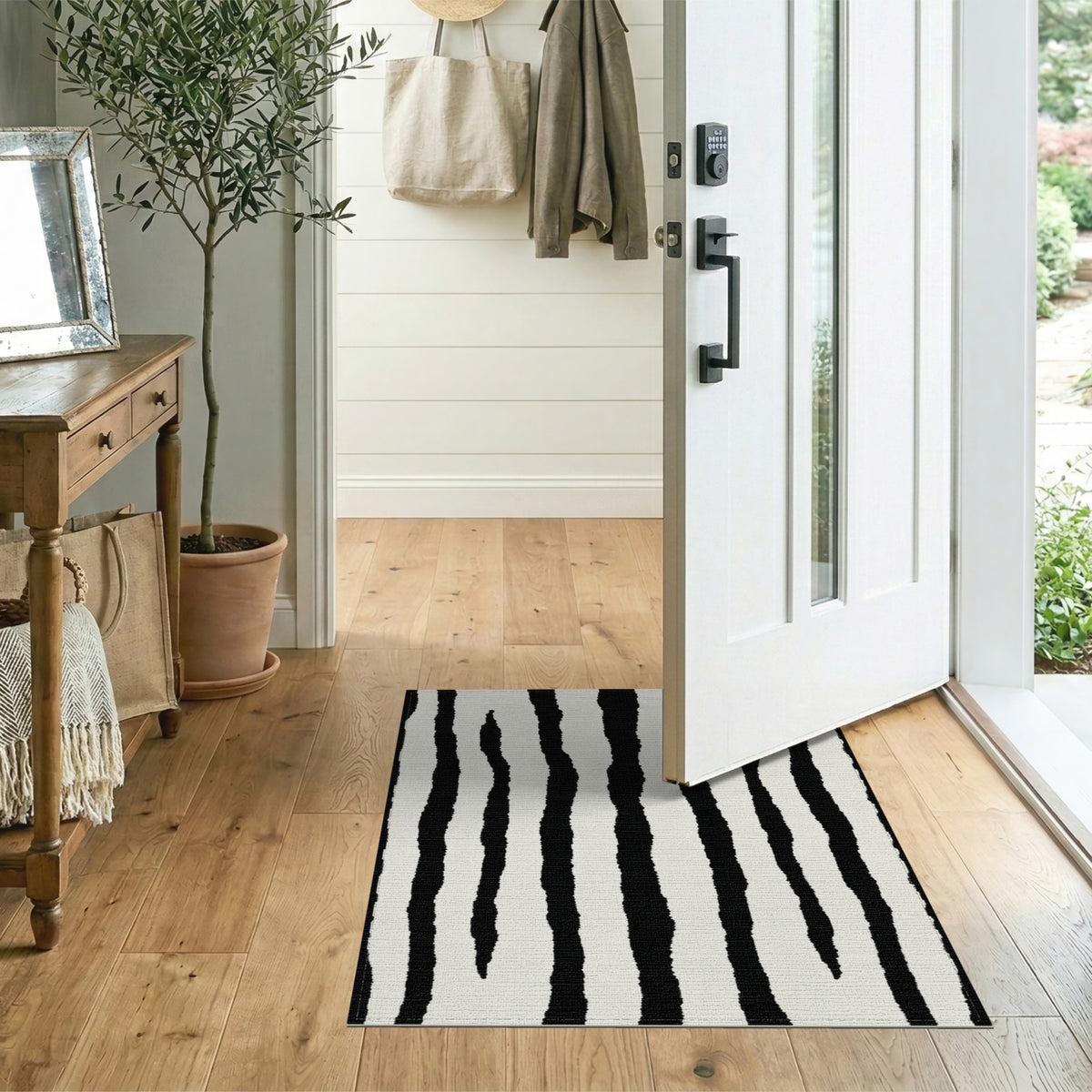 Bold Black White Abstract Striped Area Rug