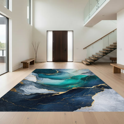 Fluid Teal Gold Marble Rug