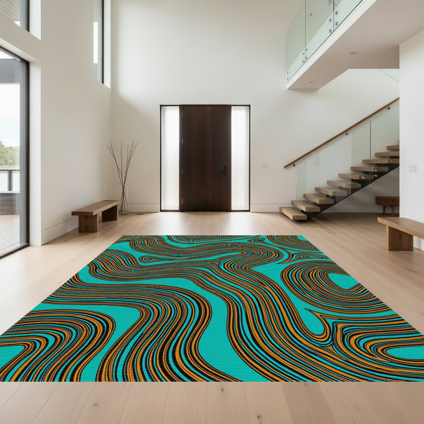 Teal Orange Wavy Curves Rug