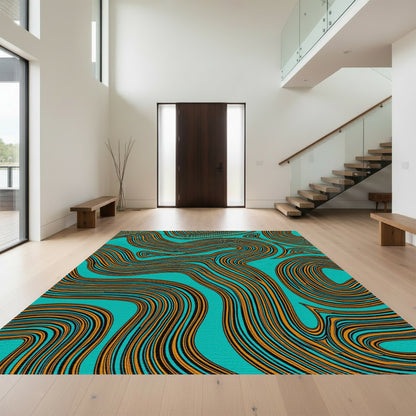Teal Orange Wavy Curves Rug
