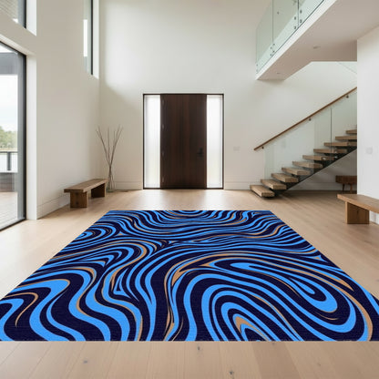 Navy Gold Wavy Swirl Rug