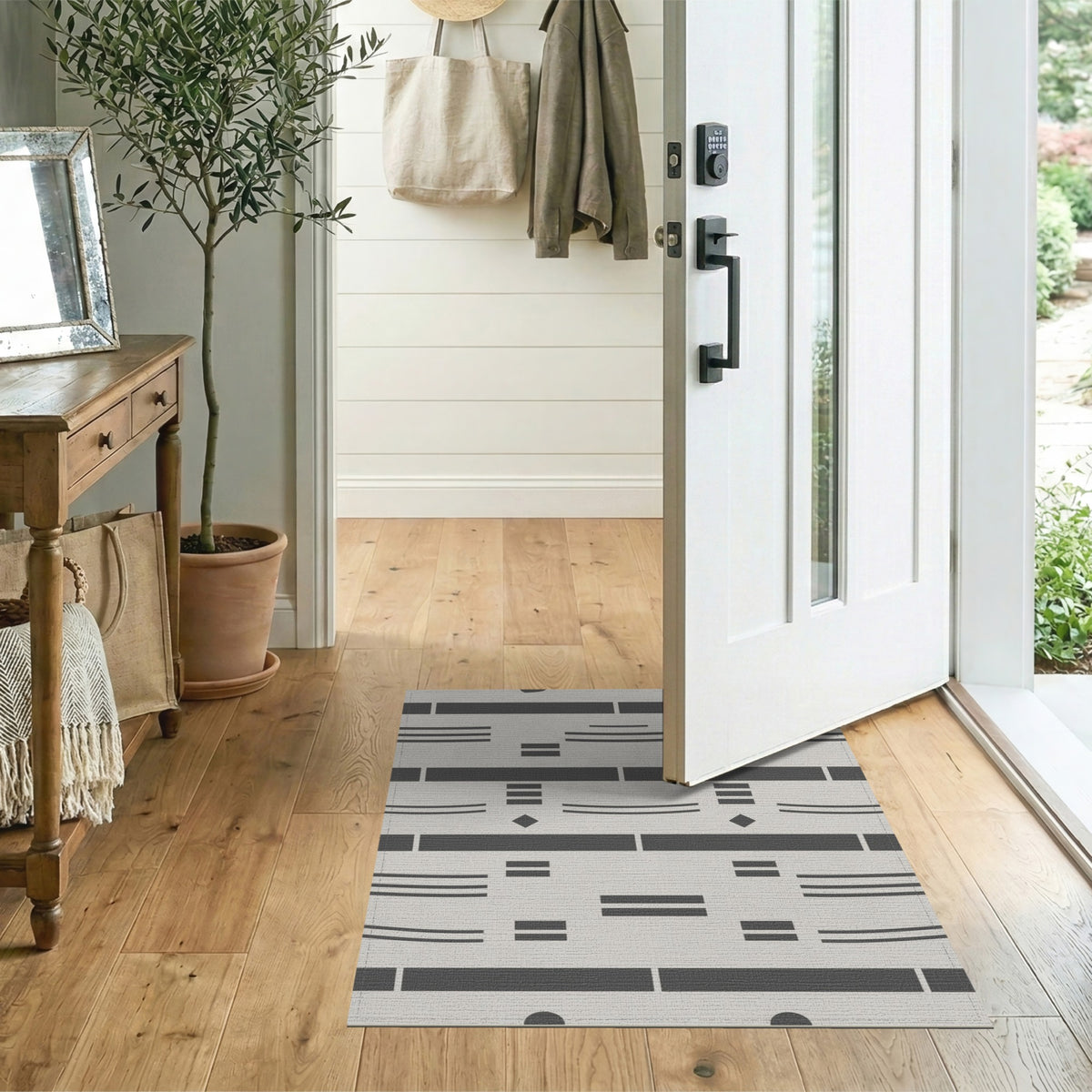Grey Geometric Lines Washable Area Rug