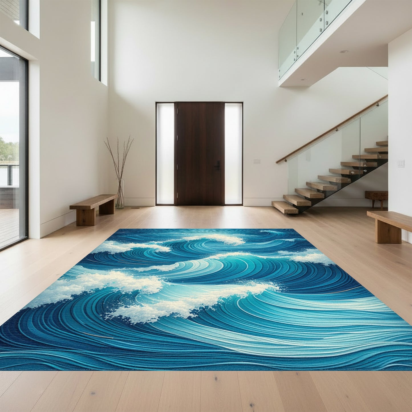 Dynamic Blue Crashing Waves Rug