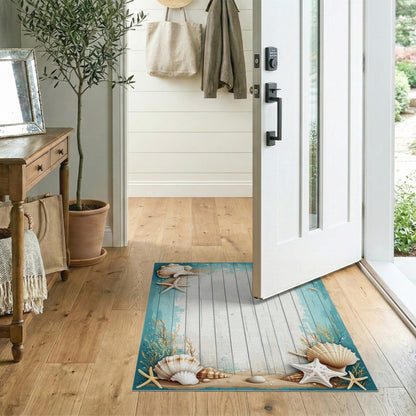 Coastal Beach Seashell Starfish Blue Teal Area Rug