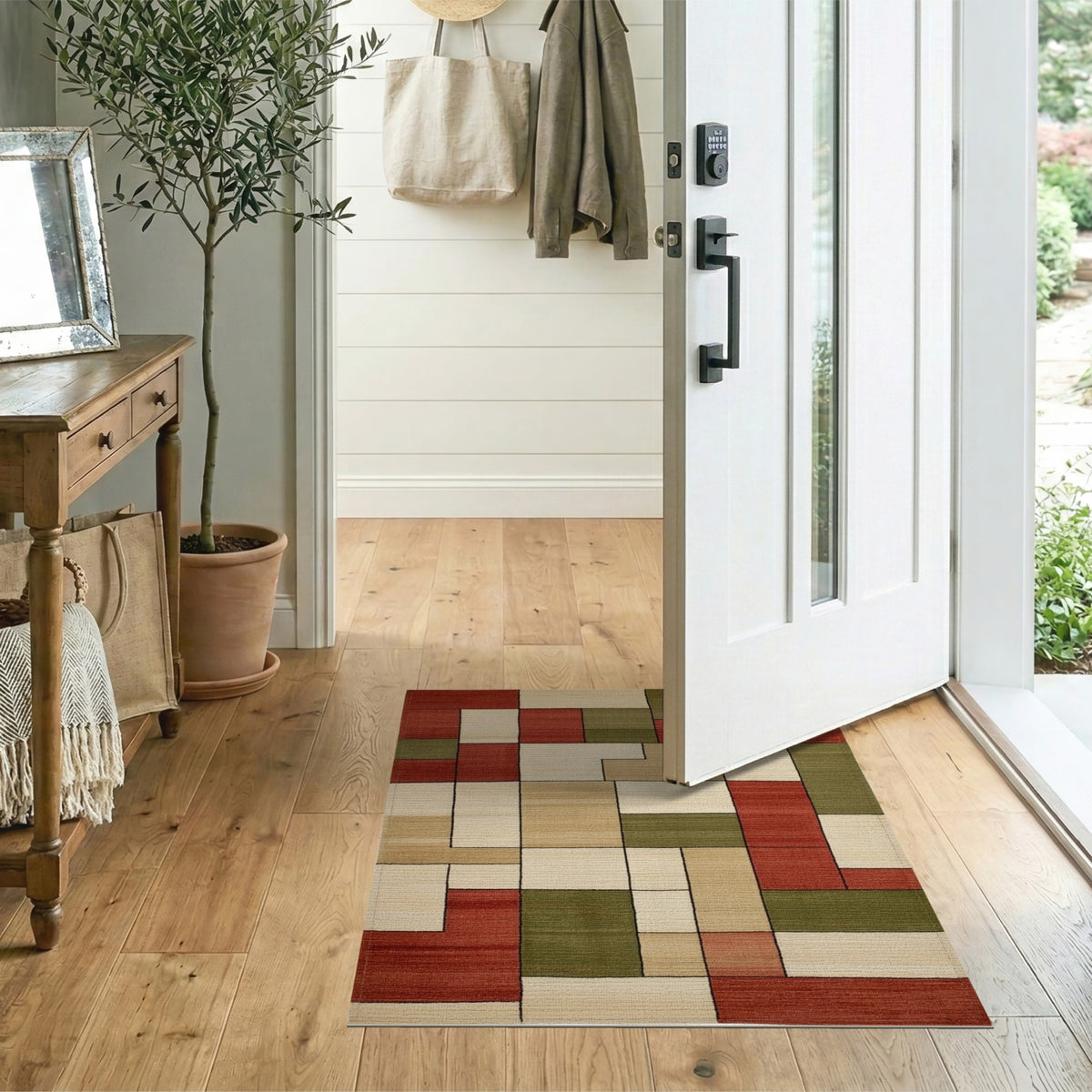 Geometric Block Red Beige Area Rug