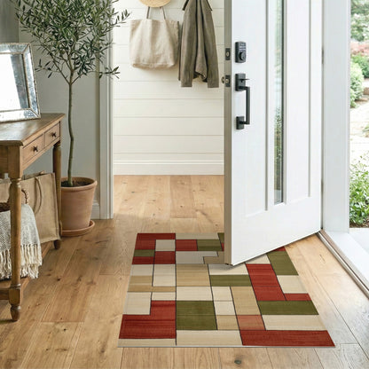 Geometric Block Red Beige Area Rug
