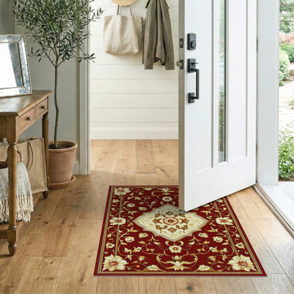 Red Floral Persian Area Rug with Ivory Medallion