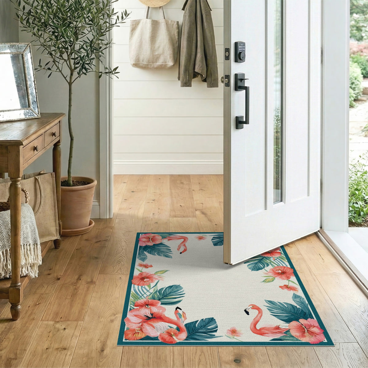 Floral Vintage Pink Flamingo Hibiscus Washable Area Rug
